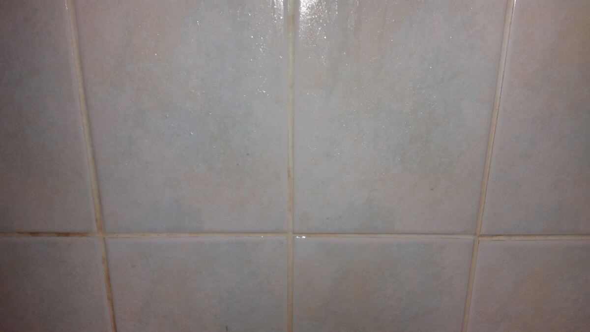 Grout cleaning in a tiled shower stall.